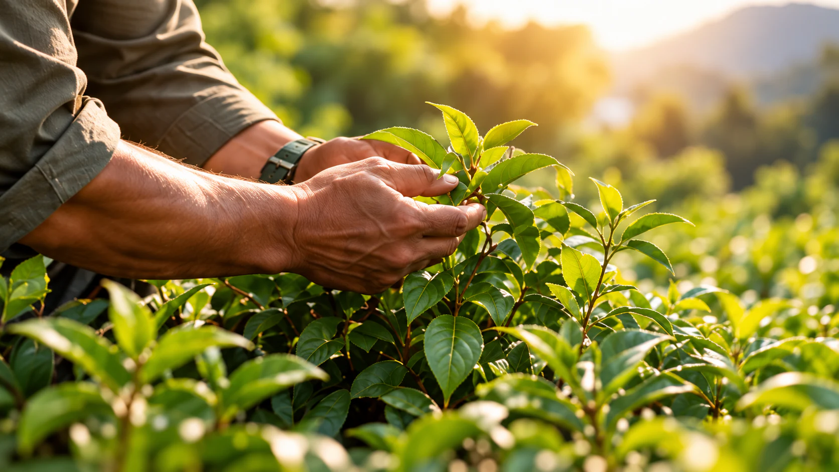 Farmer's hands caring for young green plants